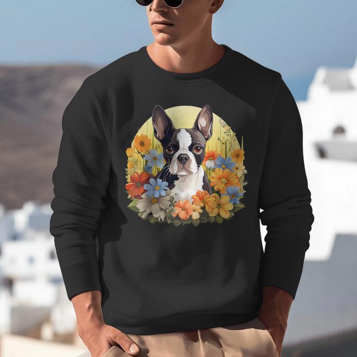 Cute Boston Terrier Spring Flower Garden Colorful Puppy Dog Unisex Sweatshirt, funny gift