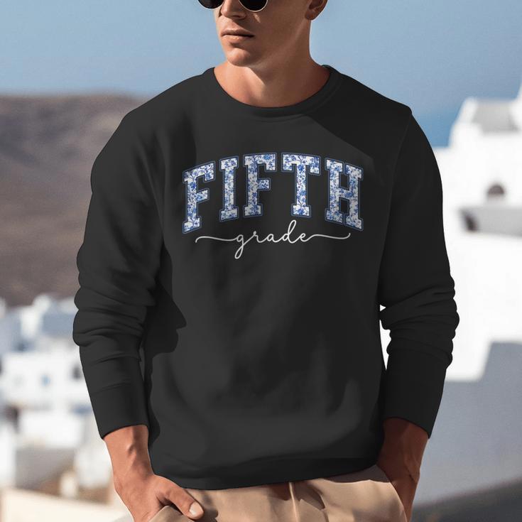 Fifth Grade Coquette Toile Blue Bow Floral Women Teacher Unisex Sweatshirt, funny gift