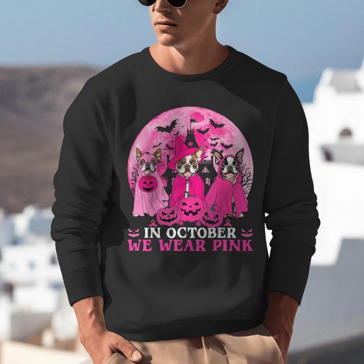Ghost And Witch Boston Terrier Dog In October We Wear Pink Unisex Sweatshirt, Boston Terrier Ghost Sweatshirts, funny gift