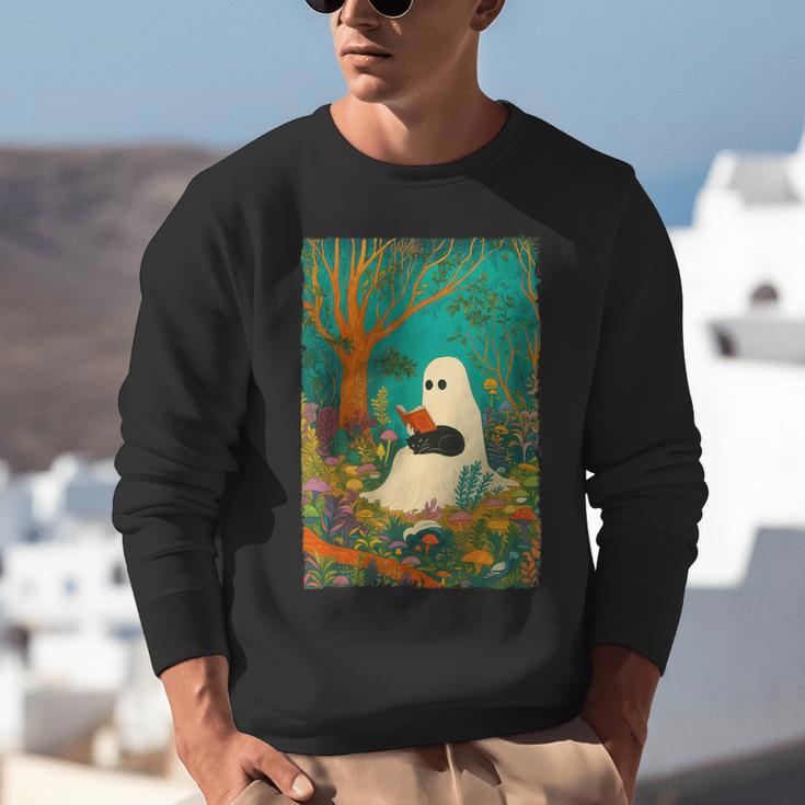 Groovy Ghost Reading Book Cat Halloween Ghost Teacher Unisex Sweatshirt, Groovy Teacher Sweatshirts, funny gift