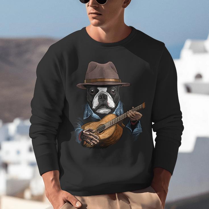 Guitar Shirt Boston Terrier Dog Playing Acoustic Guitar Unisex Sweatshirt, funny gift
