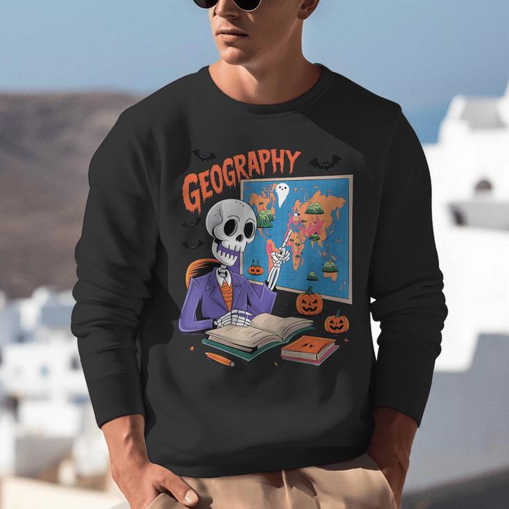 Halloween Skeleton Geography Teacher Pumpkin Bats Classroom Unisex Sweatshirt, funny gift