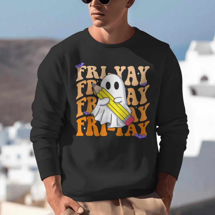 Happy Fri-Yay Friday Lovers Groovy Teacher Life Halloween Unisex Sweatshirt, Groovy Teacher Sweatshirts, funny gift