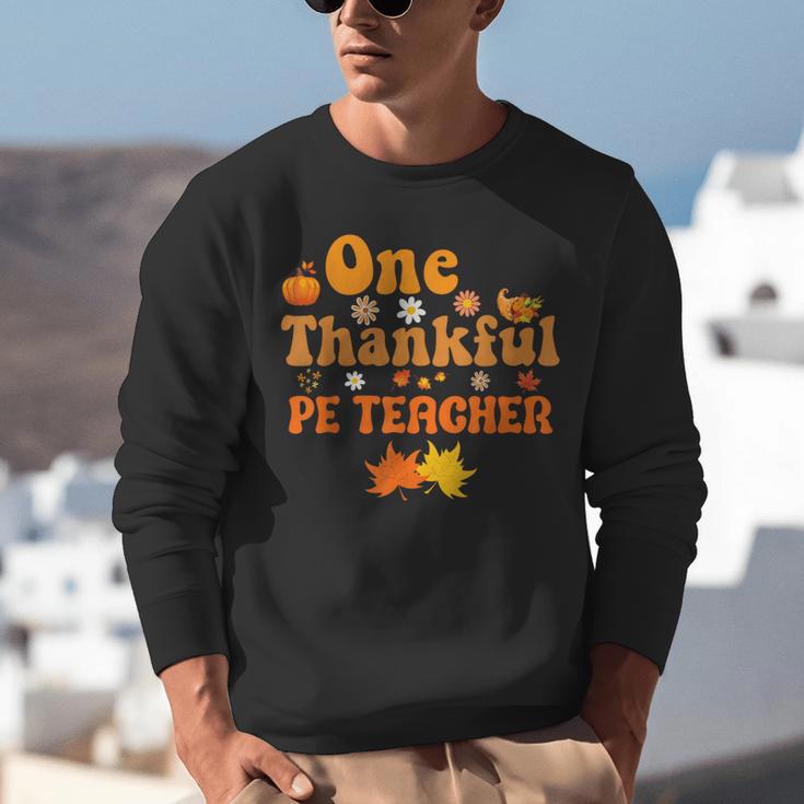 One Thankful PE Teacher Thanksgiving Fall Autumn Groovy Unisex Sweatshirt, Pe Teacher Sweatshirts, Groovy Teacher Sweatshirts, funny gift