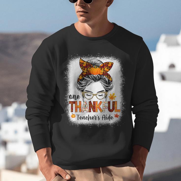 One Thankful Teacher's Aide Messy Bun Thanksgiving Fall Unisex Sweatshirt, funny gift