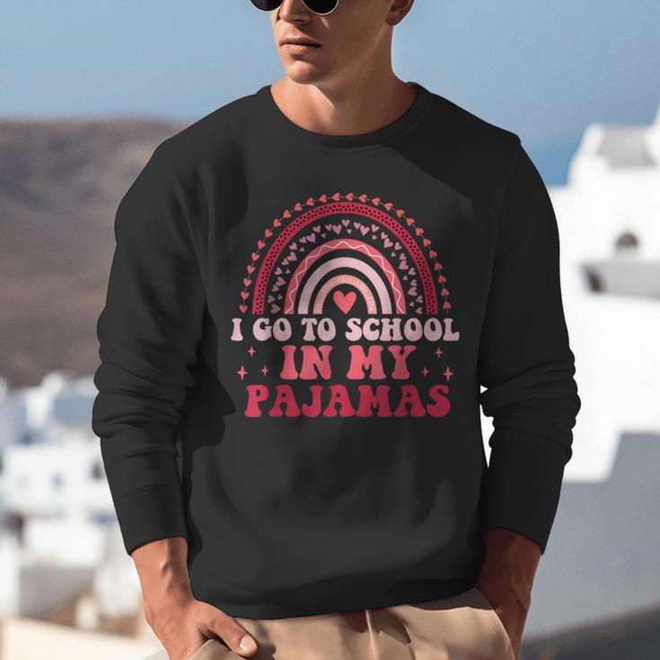 Rainbow Homeschool Mom Teacher I Go To School In My Pajamas Unisex Sweatshirt, funny gift