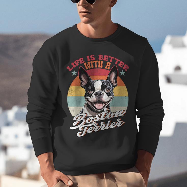 Retro Life Is Better With Boston Terrier Mom Dog Lover Unisex Sweatshirt, Boston Terrier Mom Sweatshirts, funny gift