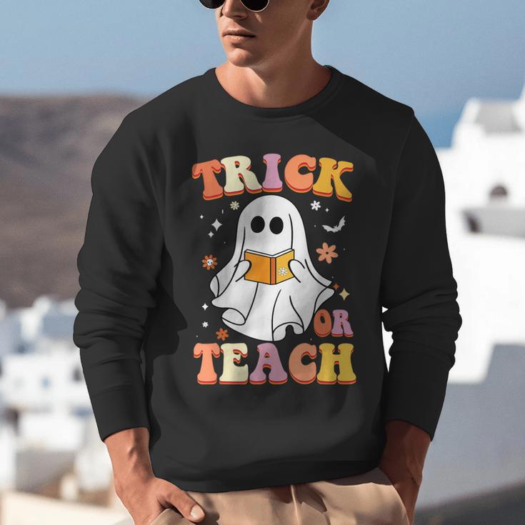 Retro Vintage Groovy Trick Or Teach Teacher Halloween For Men Women Kids Unisex Sweatshirt, Groovy Teacher Sweatshirts, funny gift