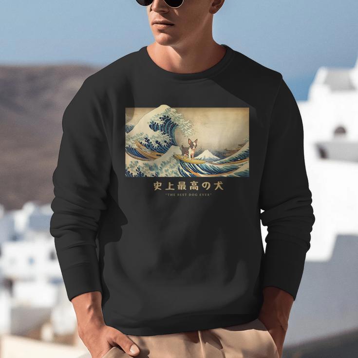Surfing Boston Terrier Kanagawa Wave Japanese Dog For Men Women Kids Unisex Sweatshirt, funny gift