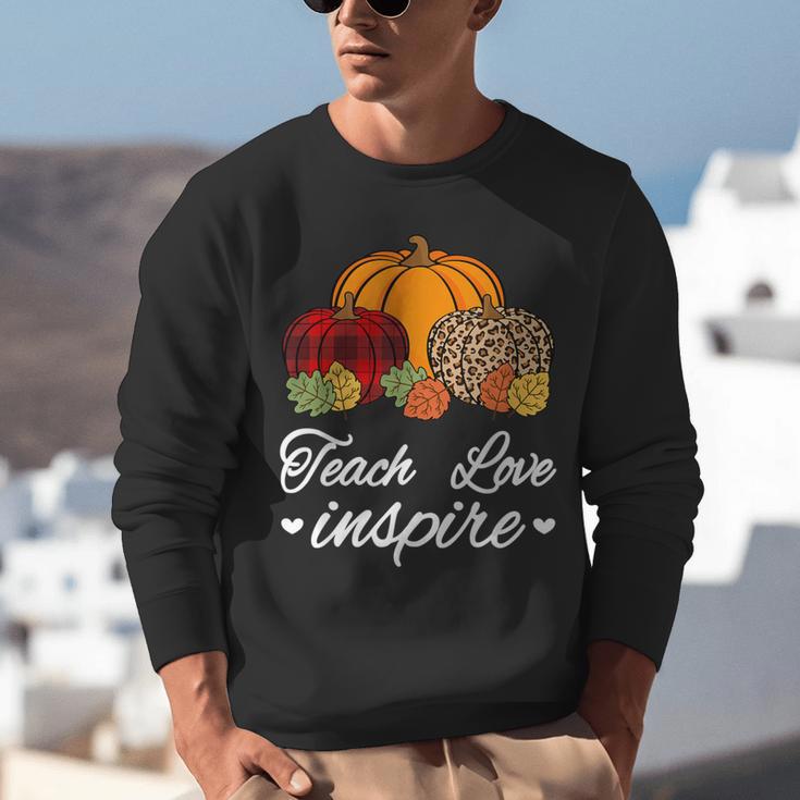Teach Love Inspire Autumn Fall Plaid Leopard Pumpkin Teacher For Men Women Kids Unisex Sweatshirt, funny gift