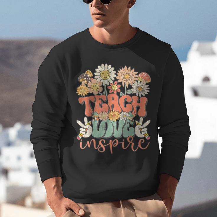 Teach Love Inspire Retro Groovy Daisy Back To School Teacher For Men Women Kids Unisex Sweatshirt, Groovy Teacher Sweatshirts, funny gift