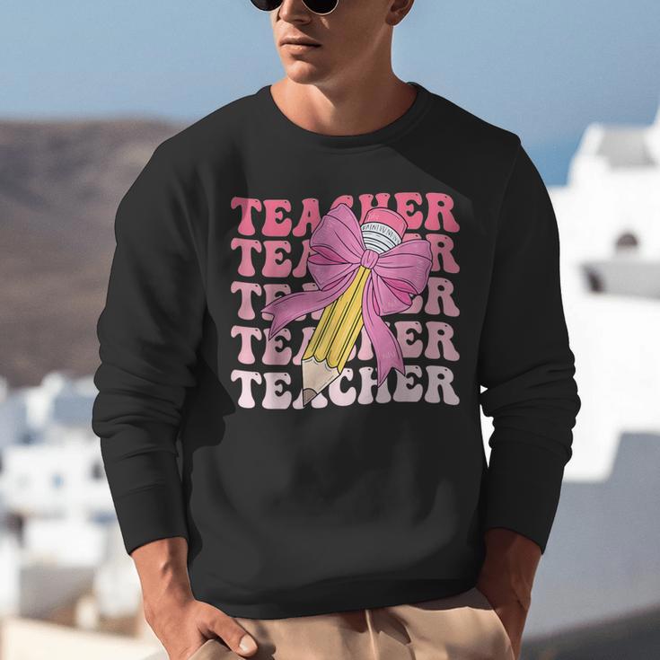 Teacher Pencil Back To School Groovy Pink Teacher First Day Unisex Sweatshirt, Groovy Teacher Sweatshirts, funny gift
