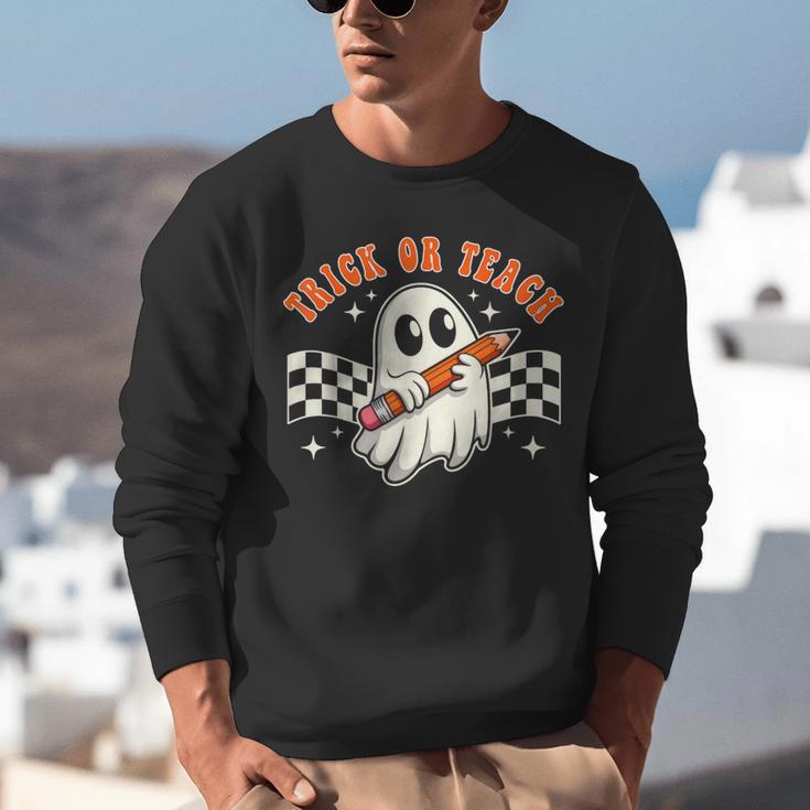 Trick Or Teach Groovy Retro Ghost Halloween Teacher Kids Unisex Sweatshirt, Groovy Teacher Sweatshirts, funny gift