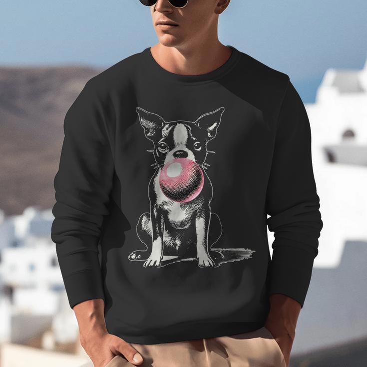Vintage Boston Terrier Blowing Bubble Gum American Gentleman Unisex Sweatshirt, American Boston Terrier Sweatshirts, funny gift