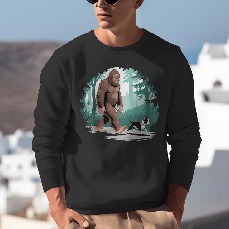 Whimsical Forest Adventures Sasquatch Bigfoot Walking Boston Terrier Dog Lovers Unisex Sweatshirt, funny gift