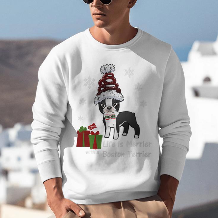Boston Terrier Christmas T Shirt-Life Is Merrier Premium Tri-Blend Unisex Sweatshirt, Boston Terrier Christmas Sweatshirts, funny gift