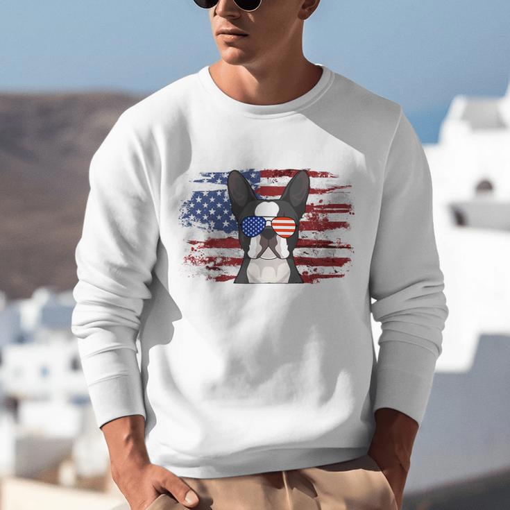 Boston Terrier Dad American Flag 4th Of July Dog Fathers Day Unisex Sweatshirt, American Boston Terrier Sweatshirts, Boston Terrier Dad Sweatshirts, Boston Terrier 4th Of July Sweatshirts, funny gift