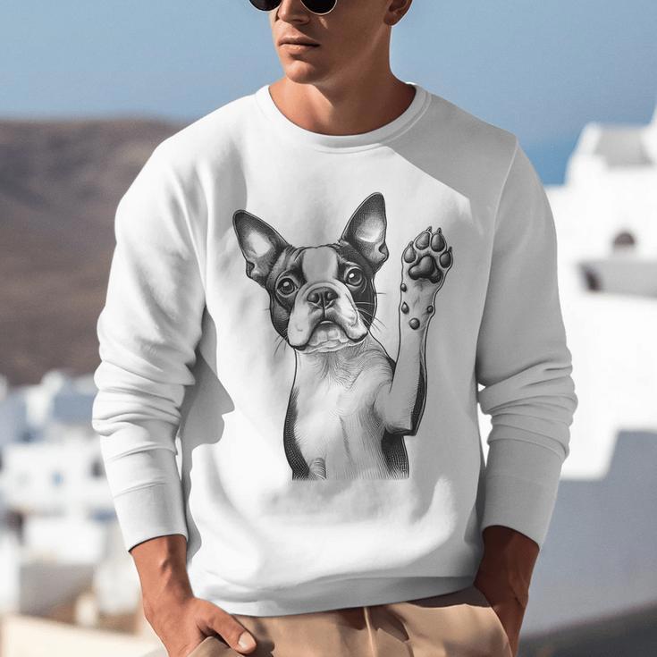 Boston Terrier Dog Raising Paw Idea Men Women Unisex Sweatshirt, funny gift