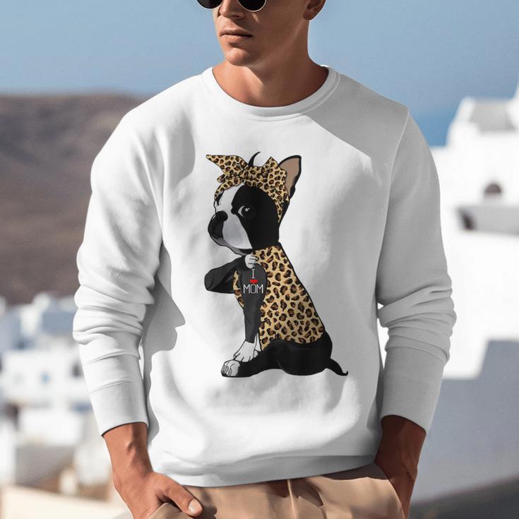 Boston Terrier Lover I Love Mom Tattoo Leopard Unisex Sweatshirt, Boston Terrier Mom Sweatshirts, funny gift
