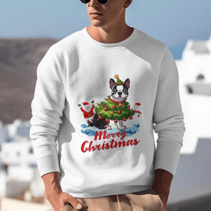 Boston Terrier Merry Christmas Tree Lights Dog X-Mas Dogs Unisex Sweatshirt, Boston Terrier Christmas Sweatshirts, funny gift