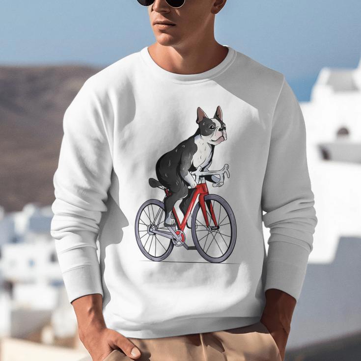 Boston Terrier Riding Bicycle Cute Bostie Biker Raglan Baseball Tee Unisex Sweatshirt, Boston Terrier Riding Sweatshirts, funny gift