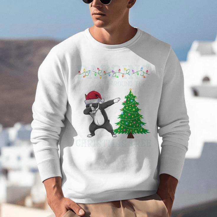 Boston Terrier Santa Hat Dabbing Around The Christmas Tree Unisex Sweatshirt, Boston Terrier Christmas Sweatshirts, funny gift