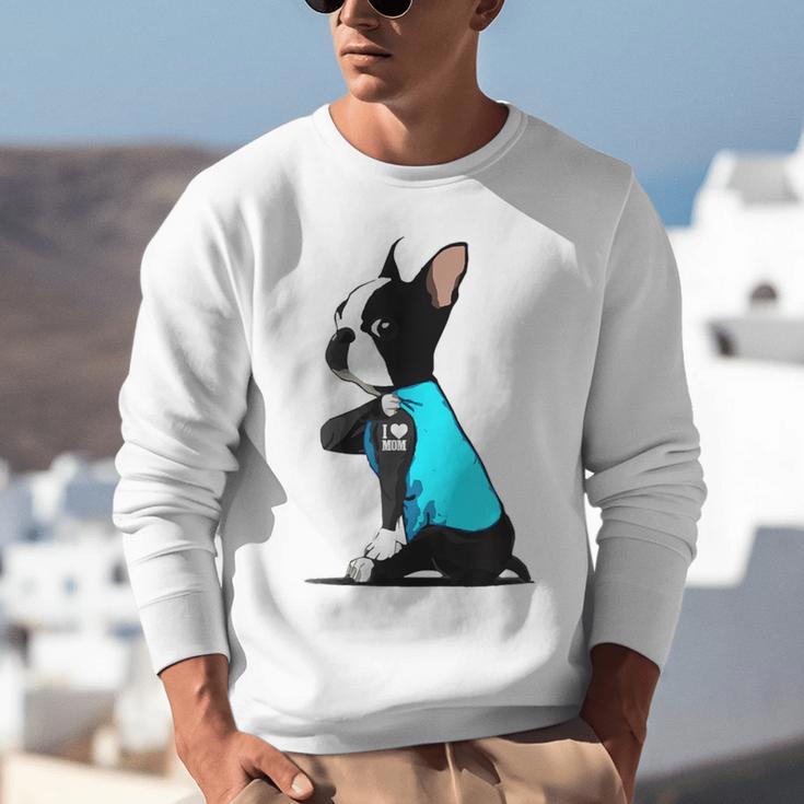 Boston Terrier Tattoos I Love Mom Unisex Sweatshirt, Boston Terrier Mom Sweatshirts, funny gift