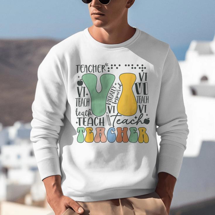 Braille Teacher Of The Visually Impaired Groovy VI Teacher Unisex Sweatshirt, Groovy Teacher Sweatshirts, funny gift