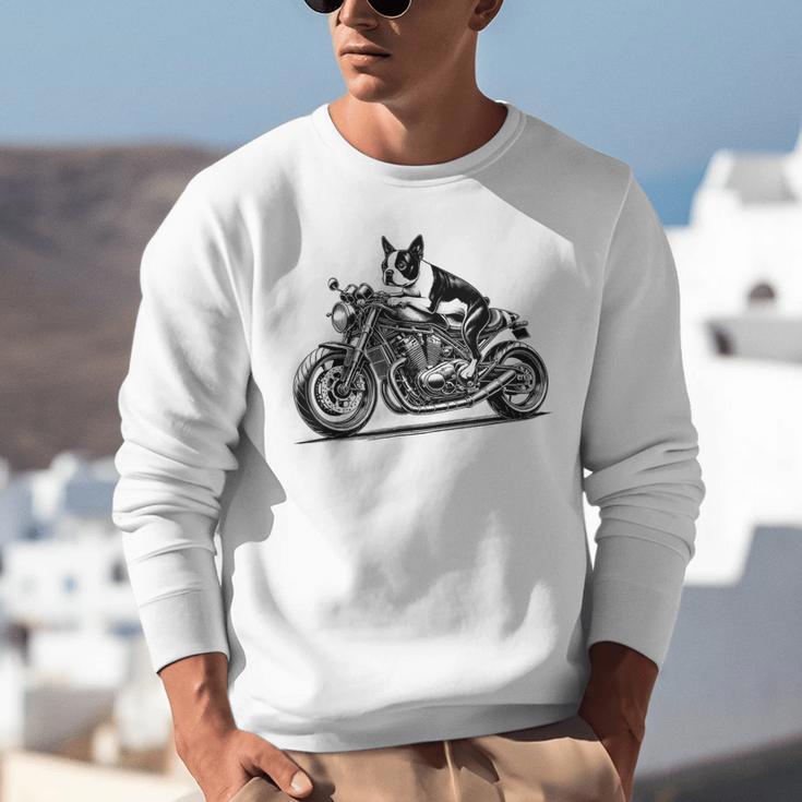 Cool Boston Terrier Riding a Motorcycle Biker Dog Lover For Men Women Kids Unisex Sweatshirt, Boston Terrier Riding Sweatshirts, funny gift