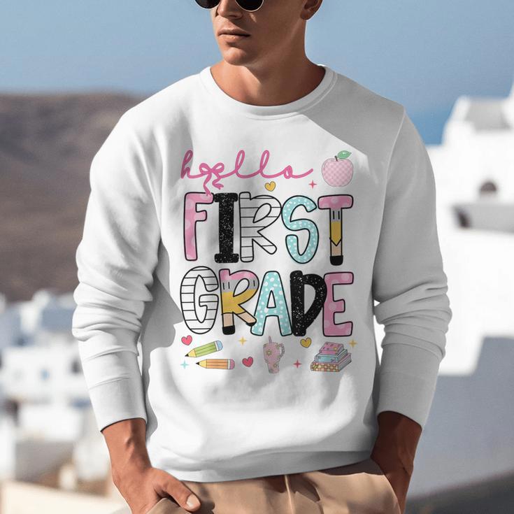Hello First Grade Teacher Coquette Pencil Bow Back To School Unisex Sweatshirt, First Grade Teacher Sweatshirts, funny gift