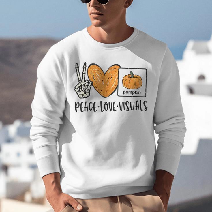 Peace Love Visuals Sped Teacher Pumpkin Skeleton Halloween Unisex Sweatshirt, funny gift Peace Love Visuals Sped Teacher Pumpkin Skeleton Halloween Unisex Sweatshirt, funny gift