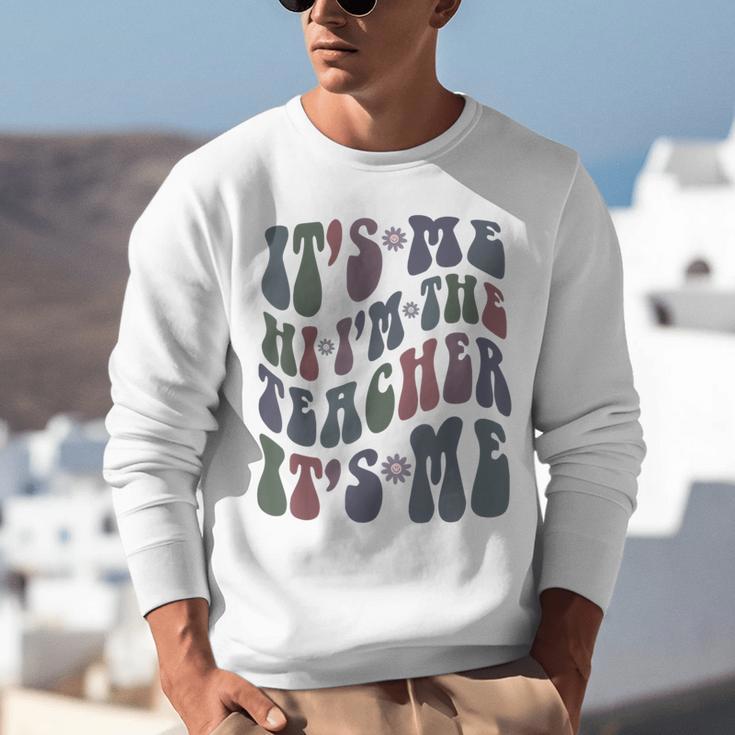 Retro IT'S ME Hi I'm The TEACHER Groovy Testing Squad Pink Unisex Sweatshirt, Groovy Teacher Sweatshirts, funny gift