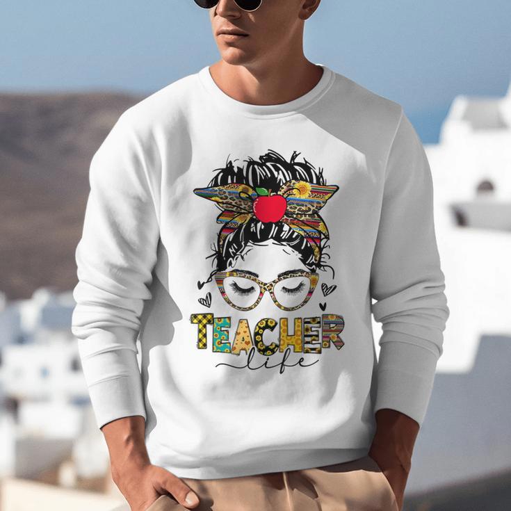 Teacher Life Messy Bun Glasses Leopard Sunflower Unisex Sweatshirt, funny gift Teacher Life Messy Bun Glasses Leopard Sunflower Unisex Sweatshirt, funny gift