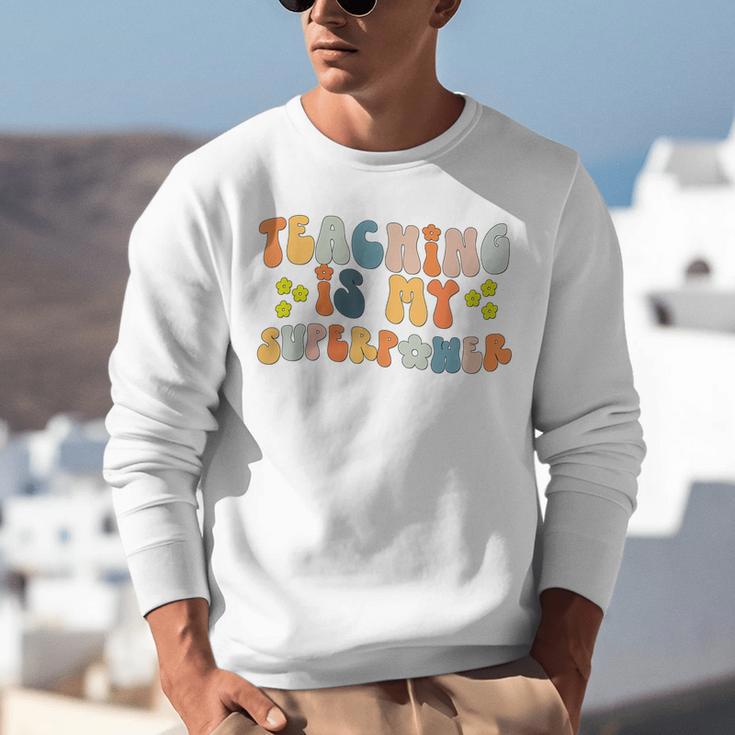Teaching Is My Superpower Vintage Groovy University Teacher Unisex Sweatshirt, Groovy Teacher Sweatshirts, funny gift