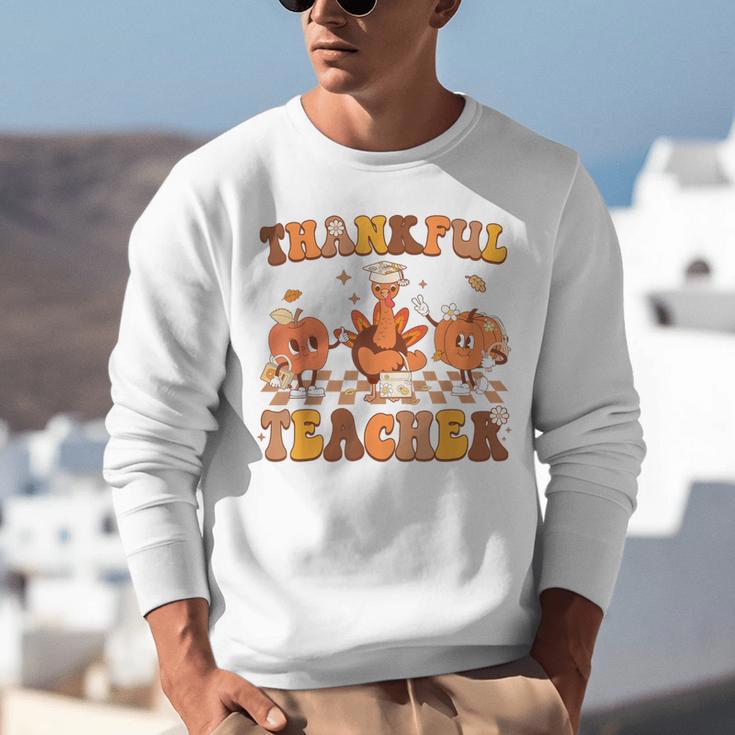Thankful Teacher Retro Groovy Thanksgiving Fall Women Men Unisex Sweatshirt, Groovy Teacher Sweatshirts, funny gift