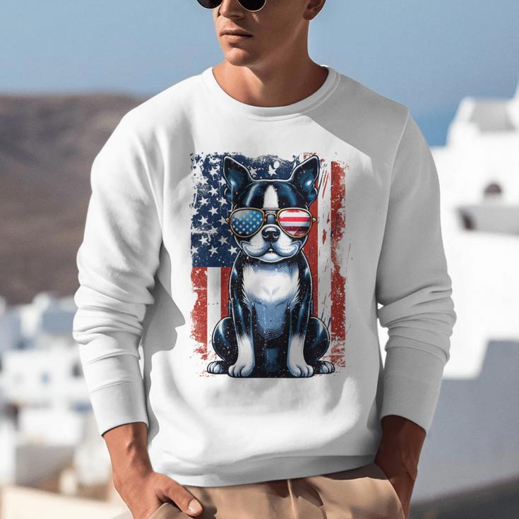 Vintage Boston Terrier Dog American US USA Flag Pets Dogs Unisex Sweatshirt, American Boston Terrier Sweatshirts, funny gift