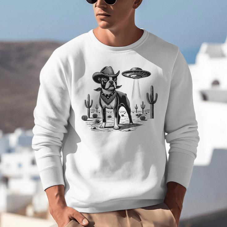 Vintage Boston Terrier UFO Western Wild West Dog Mom Dad Unisex Sweatshirt, Boston Terrier Mom Sweatshirts, Boston Terrier Dad Sweatshirts, funny gift