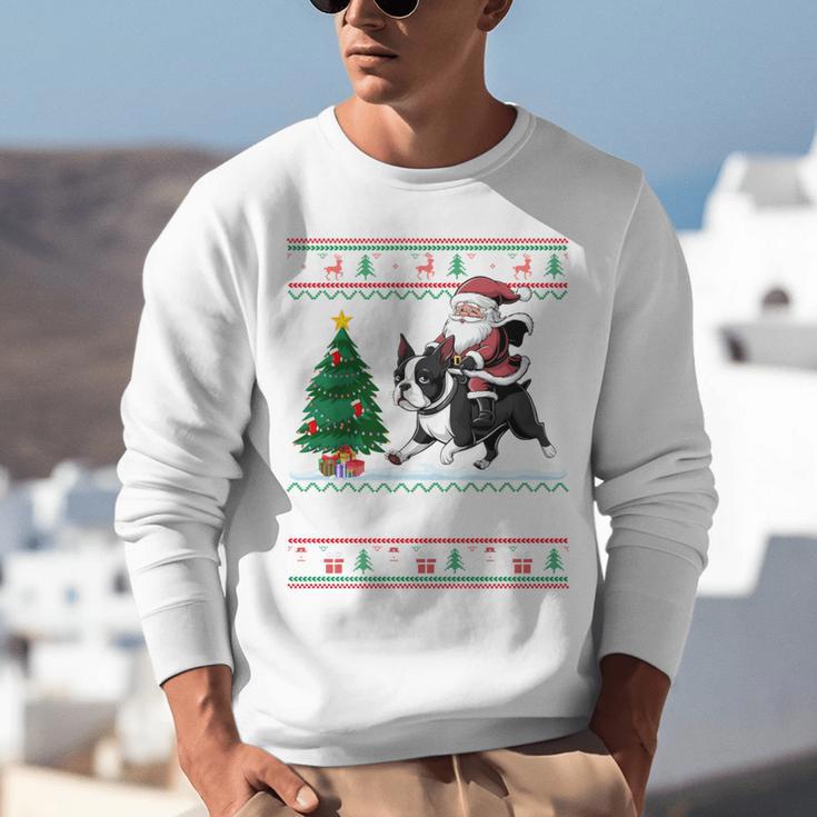 Xmas Tree Lighting Santa Riding Boston Terrier Christmas Unisex Sweatshirt, Boston Terrier Riding Sweatshirts, Boston Terrier Christmas Sweatshirts, funny gift
