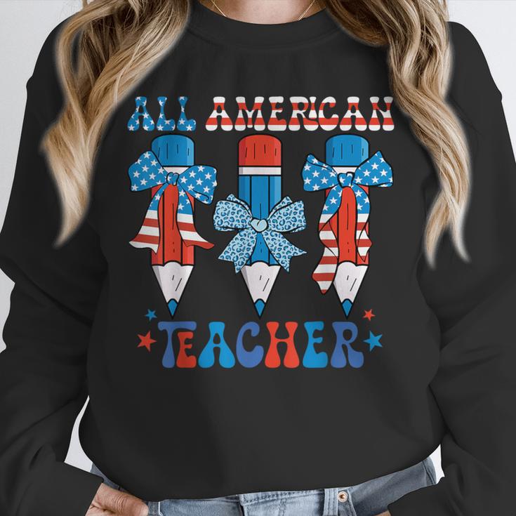 All American Teacher Pencil Coquette Bow USA Flag Teachers Unisex Sweatshirt, novelty gifts, funny gifts