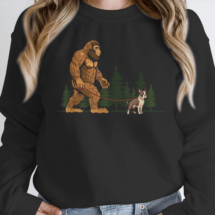 Boston Terrier Bigfoot Dog Walking Dog Mom Dad Kids Unisex Sweatshirt, novelty gifts, funny gifts