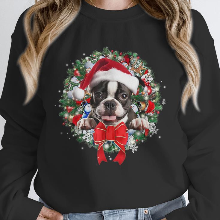 Boston Terrier Christmas Wreath Decoration Xmas Pajamas Unisex Sweatshirt, novelty gifts, funny gifts