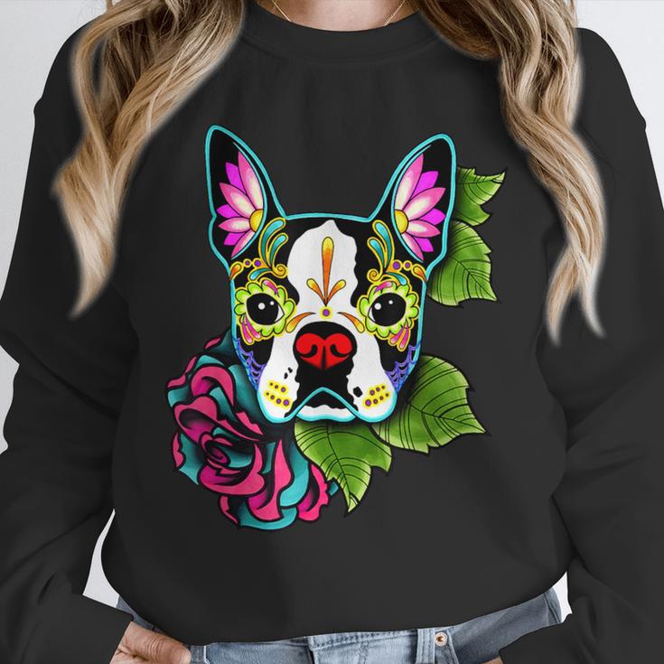 Boston Terrier In Day Of The Dead Sugar Skull Dog Unisex Sweatshirt, novelty gifts, funny gifts