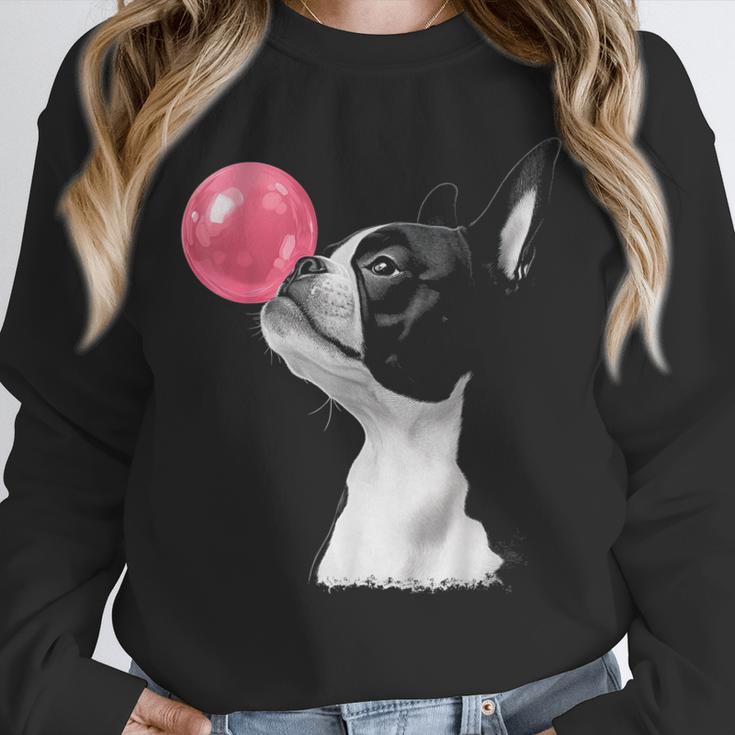 Boston Terrier Dog Blowing Chewing Bubble Gum Pink Unisex Sweatshirt, novelty gifts, funny gifts