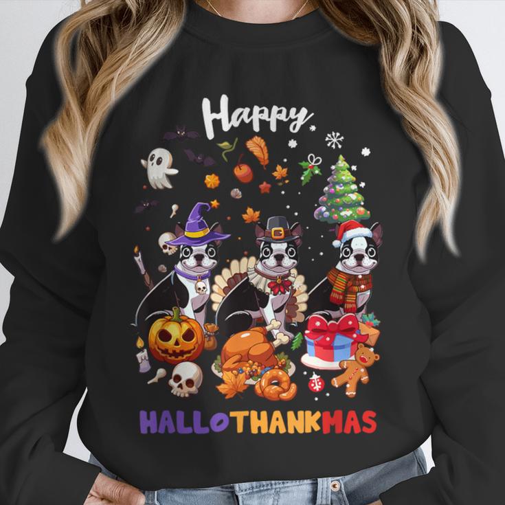 Boston Terrier Dog Christmas Happy Hallothankmas Halloween For Men Women Kids Unisex Sweatshirt, novelty gifts, funny gifts