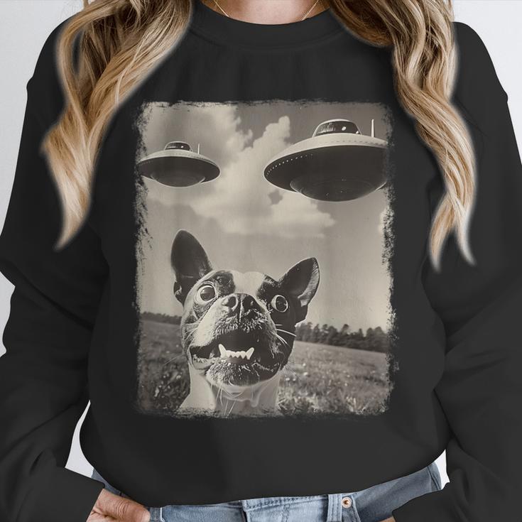 Boston Terrier Dog UFO Alien Extraterrestrial Selfie Unisex Sweatshirt, novelty gifts, funny gifts