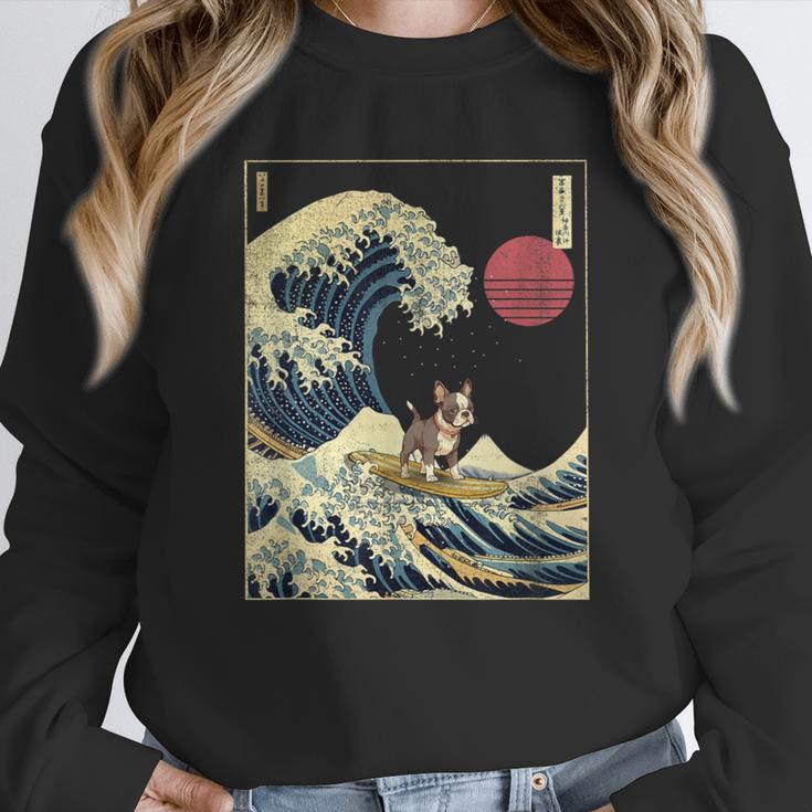 Boston Terrier Japanese Kanagawa Wave Surf Dog Unisex Sweatshirt, novelty gifts, funny gifts