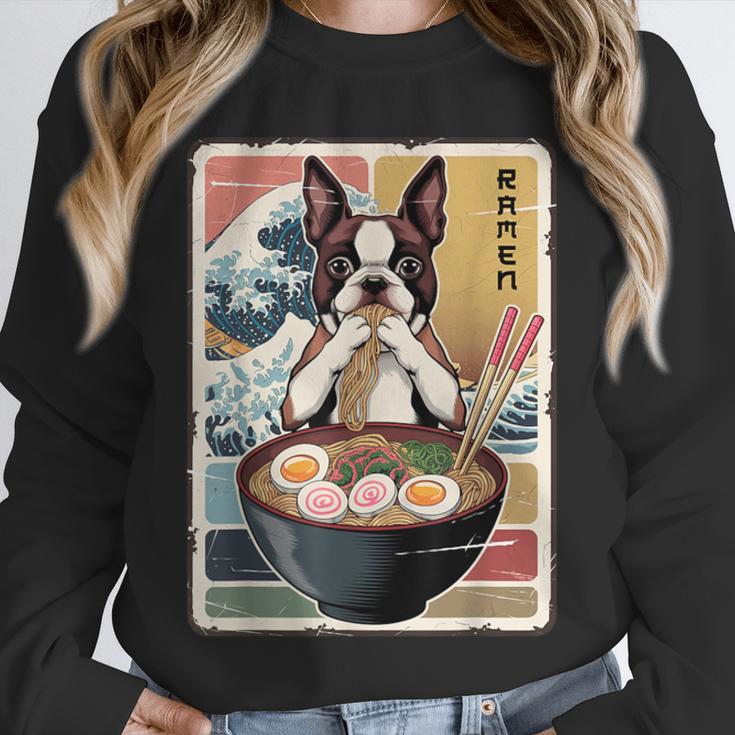 Boston Terrier Ramen Noodles Japanese Art Retro Ocean Waves Unisex Sweatshirt, novelty gifts, funny gifts
