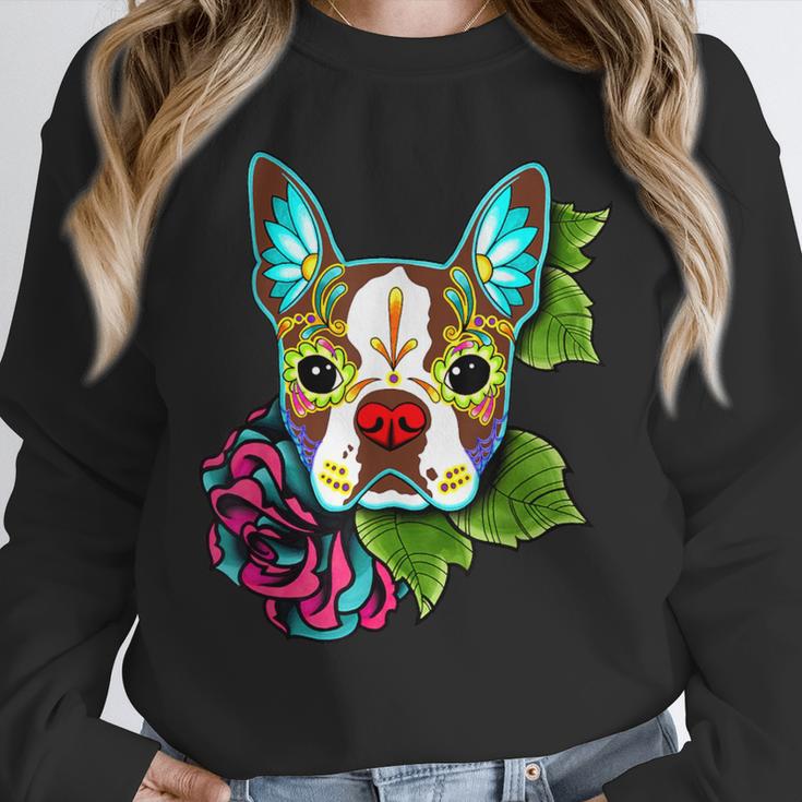 Boston Terrier In Red Day Of The Dead Sugar Skull Dog Unisex Sweatshirt, novelty gifts, funny gifts