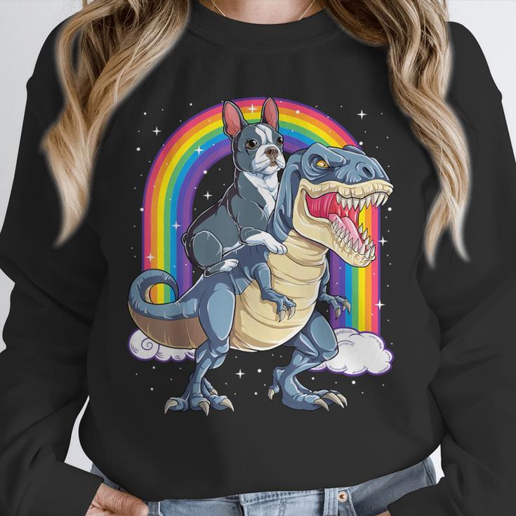 Boston Terrier Riding Dinosaur T-Rex Boys Kids Rainbow Unisex Sweatshirt, novelty gifts, funny gifts