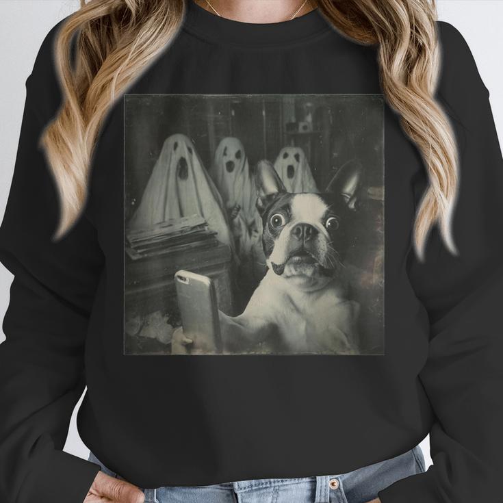 Boston Terrier Selfie With Ghosts Halloween Dog Lover Unisex Sweatshirt, novelty gifts, funny gifts